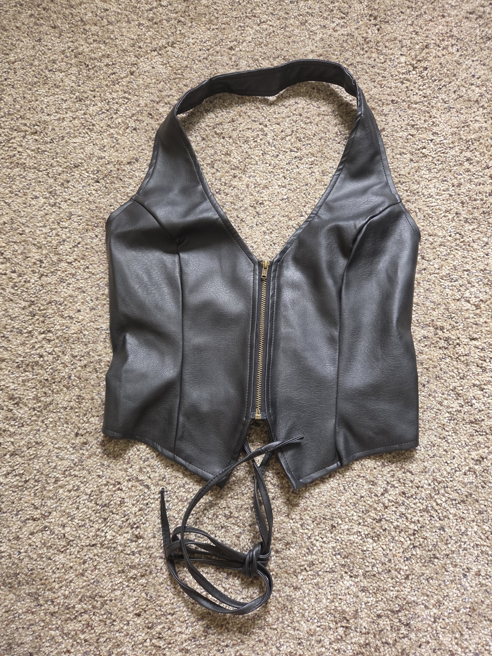 Leather-Look Black Halter Zip Front Top